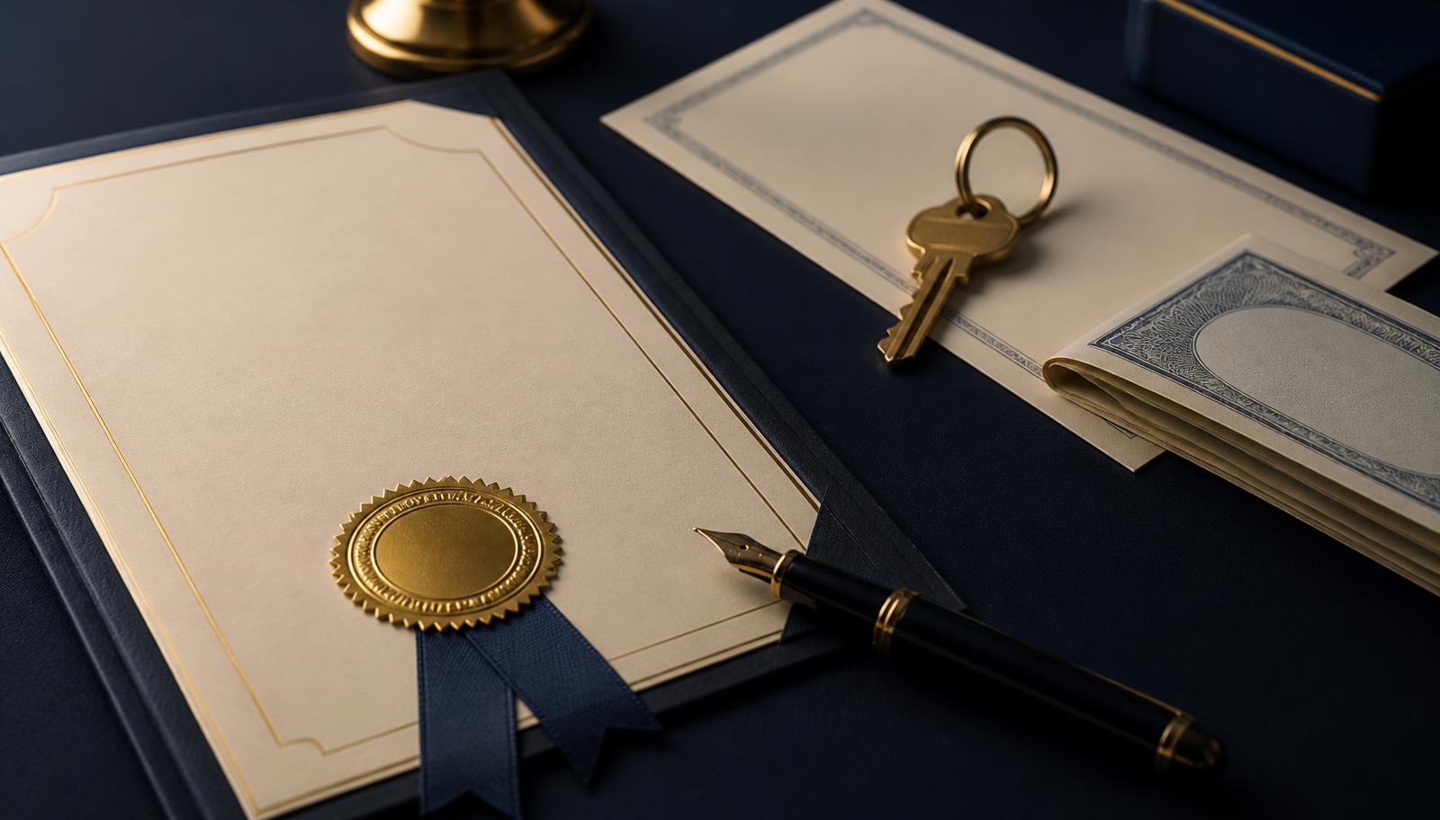 A sealed Power of Attorney document with a gold seal beside a fountain pen, a brass key on a property deed and a remittance slip on a navy desk, illustrating NRI legal services