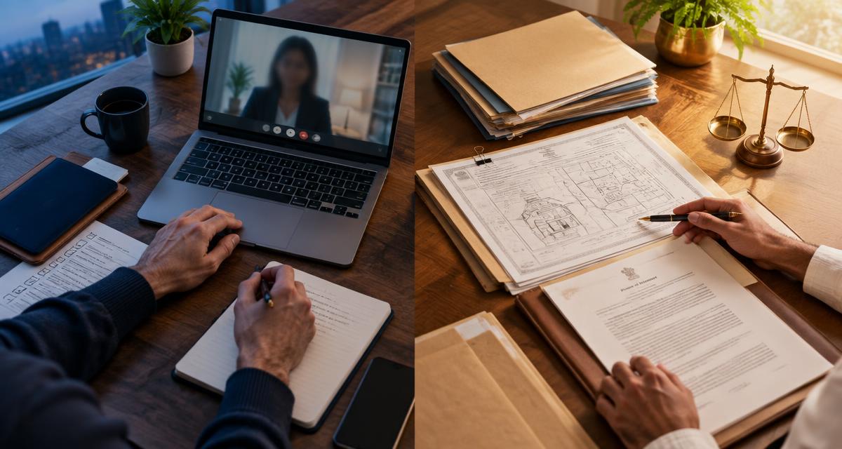 Two anonymous people sharing one legal matter across US evening and Indian morning workspaces, with a laptop, Power of Attorney and Indian property papers.