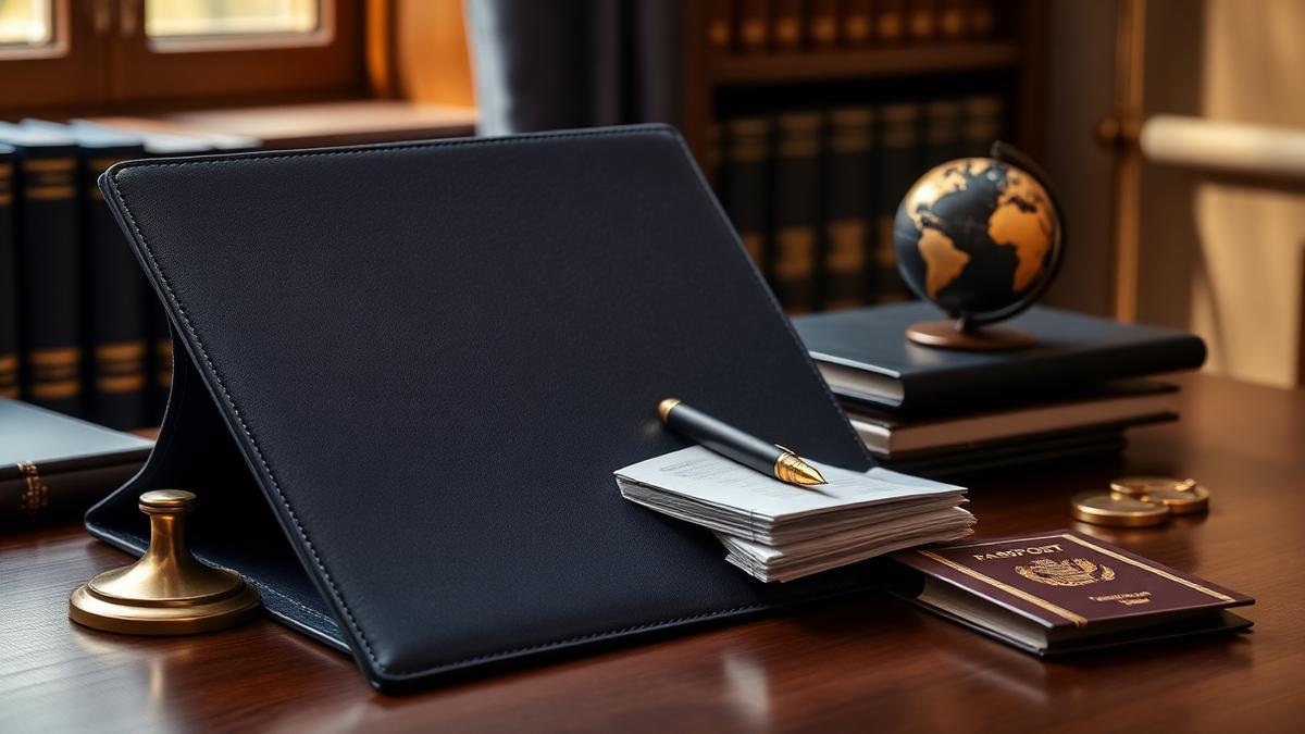 Navy leather folio, fountain pen and passport on a lawyer's desk — NRI legal services in India