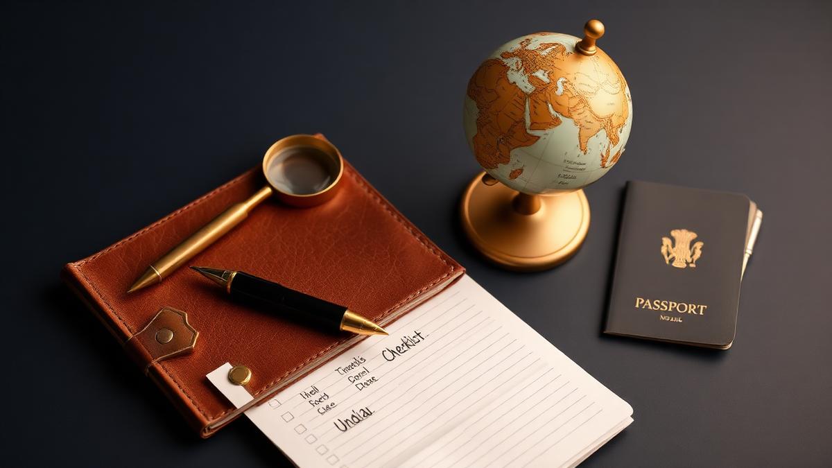 Leather checklist folio, brass magnifying glass, globe and passport on a navy desk — verifying NRI legal services in India