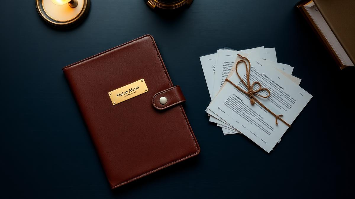 A bound leather folio beside three loose bundles of paper on a navy desk — single-window NRI legal services compared with separate advisers
