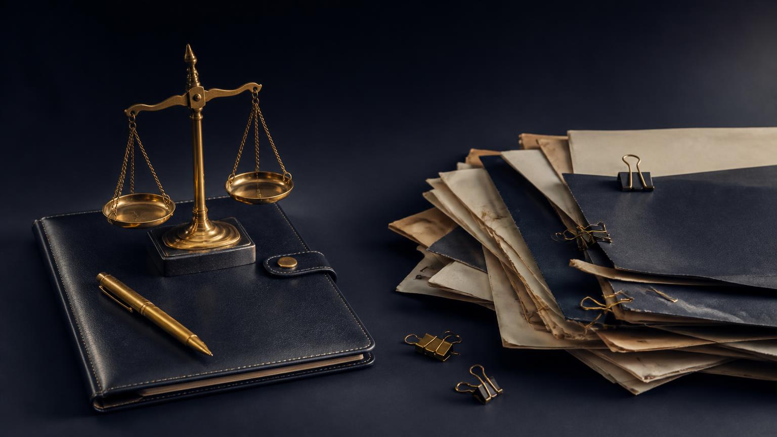 A bound leather folio with brass scales beside a scattered pile of loose paper folders on a navy desk, illustrating single-window NRI legal services compared with separate advisors