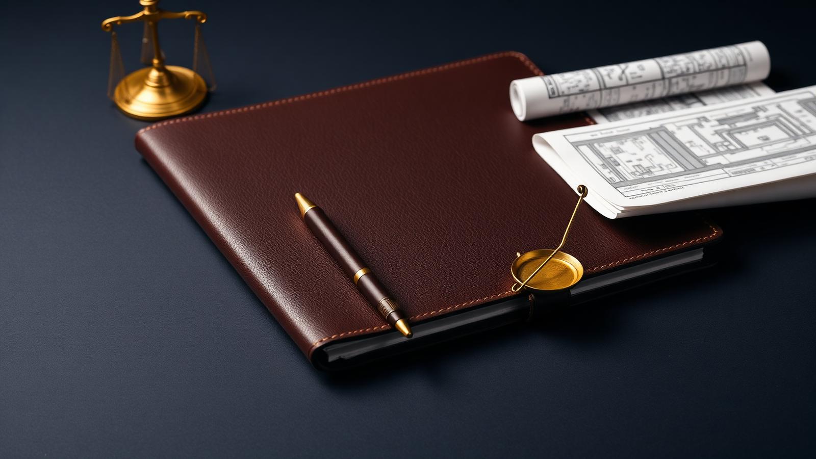 Leather portfolio, brass pen, small scales and a folded building plan on a navy surface — NRI legal services in India