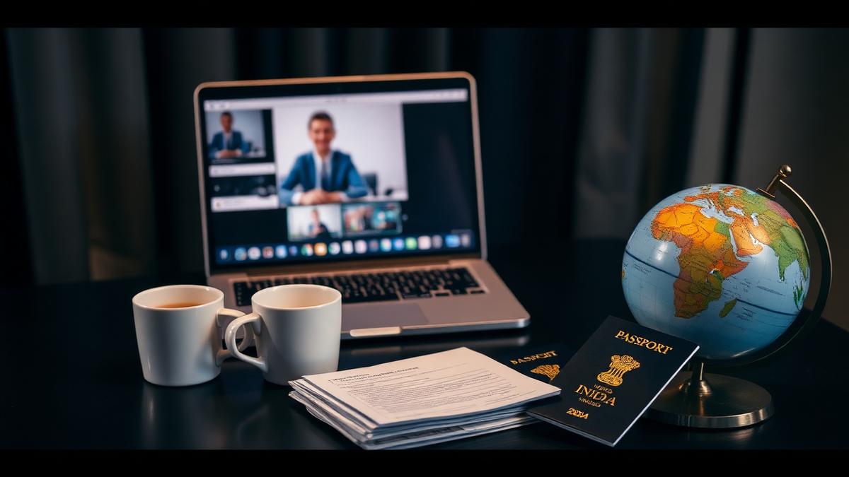 Laptop showing a video call, two coffee cups and passports — NRI mutual consent divorce in India