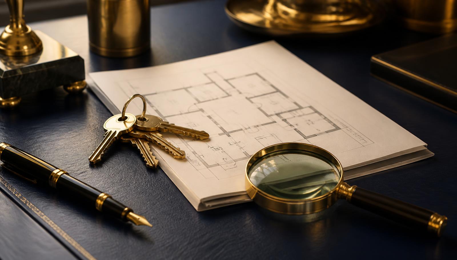 Keys, a floor plan and a magnifying glass on navy leather — property documents for NRIs in India