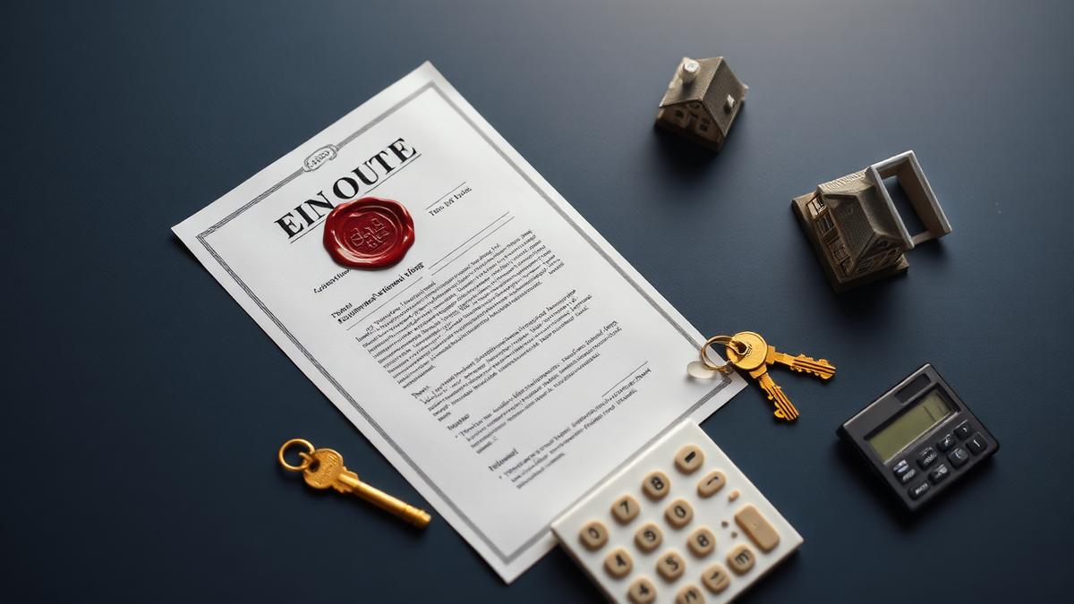Sale deed with wax seal, brass keys and a calculator on a navy surface — NRI property sale in India