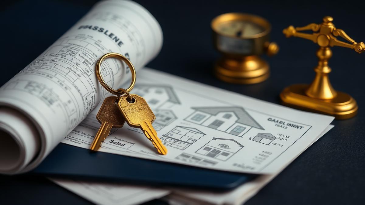 Apartment keys on property blueprints beside a navy folder and brass scale — NRI property sale in India