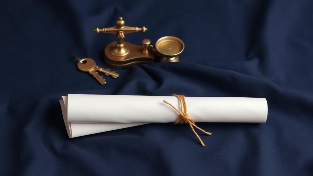 Brass keys, a small brass scale and a rolled document on navy fabric — NRI property sale TDS in India