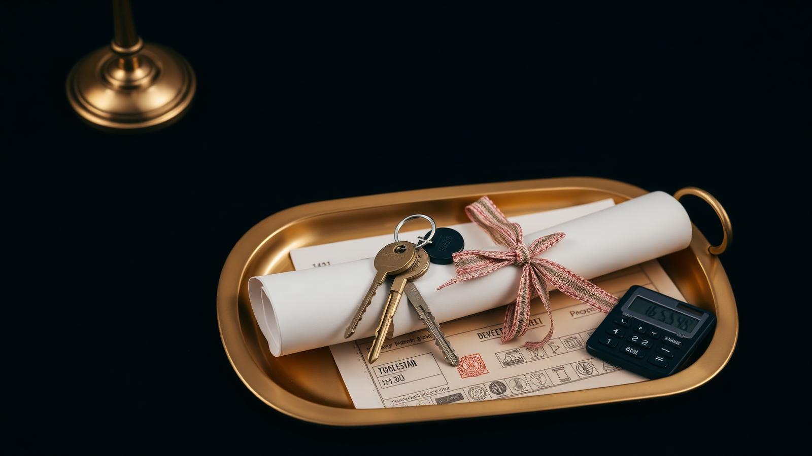 House keys, a ribboned property deed and a calculator on a brass tray against navy — NRI property sale TDS in India