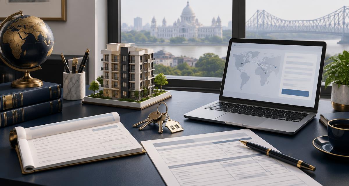 A rent receipt book, a TDS challan form, a set of house keys and a laptop showing a bank transfer, arranged beside a small model house.