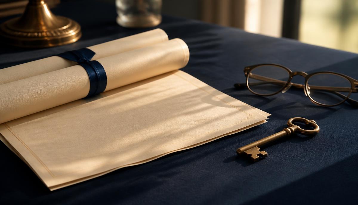 Rolled deed papers, a brass key and spectacles on a navy table — selling property in India as an NRI