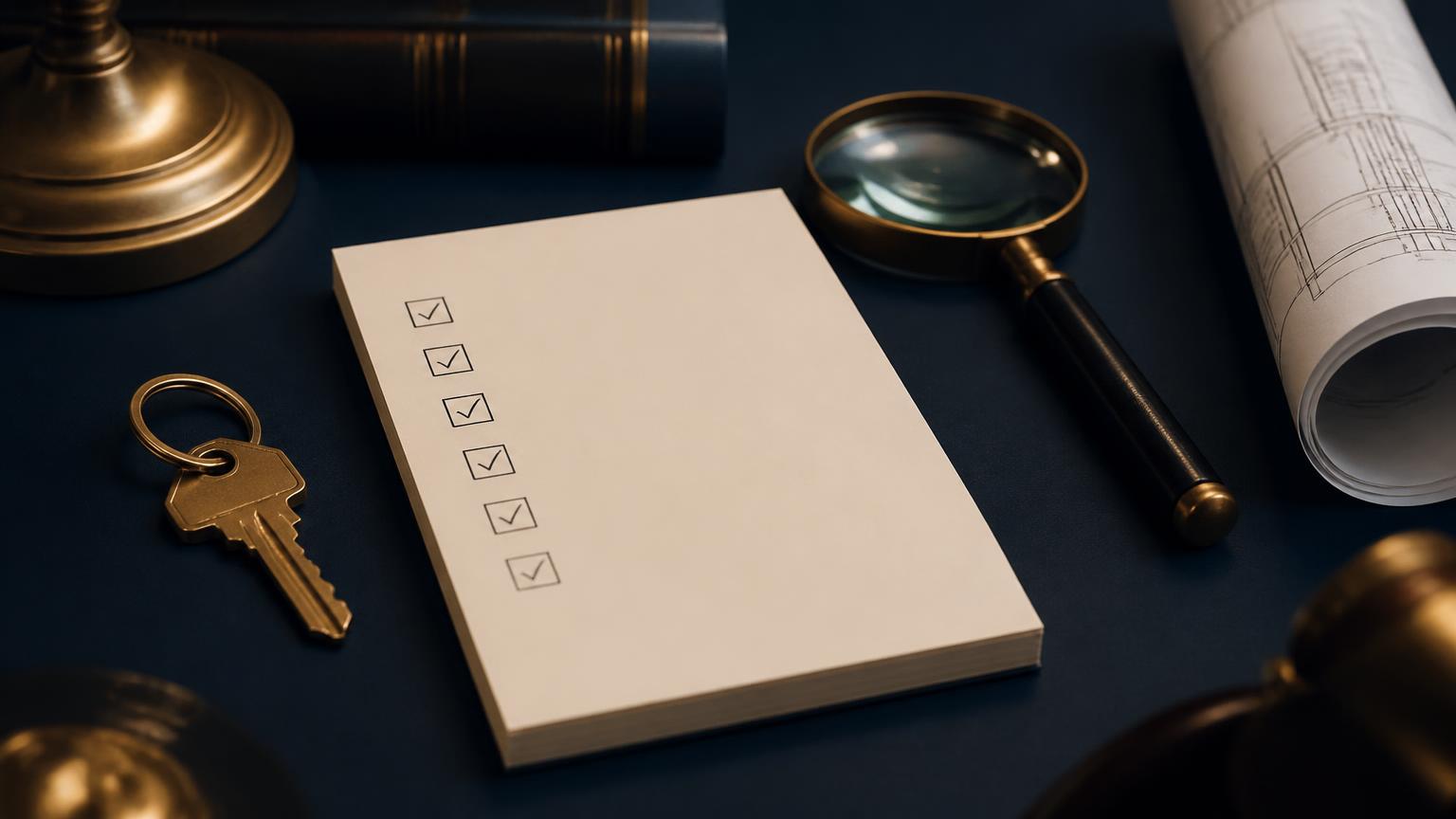A blank checklist pad, a brass key, a magnifying glass and a rolled plan on a navy desk, representing checks before an NRI sells property in India