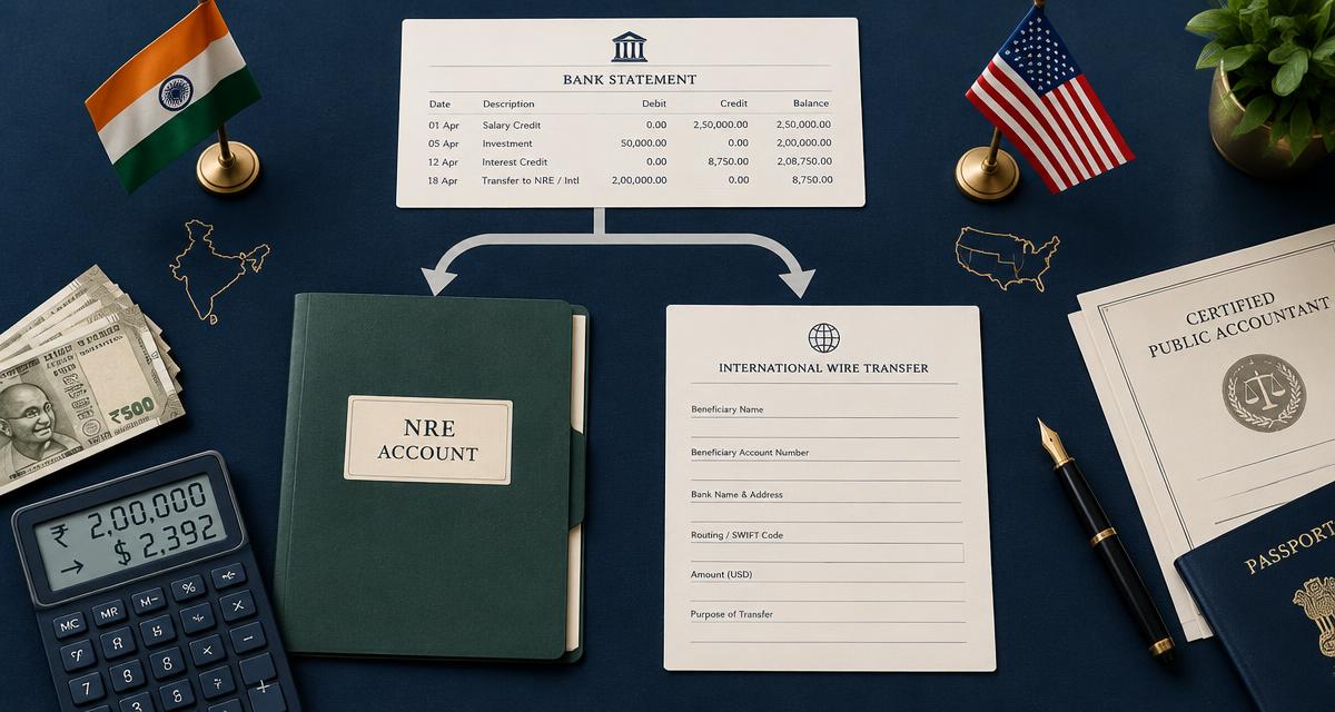 NRO bank statement branching toward an NRE account and a direct international wire transfer, with India-US banking documents.