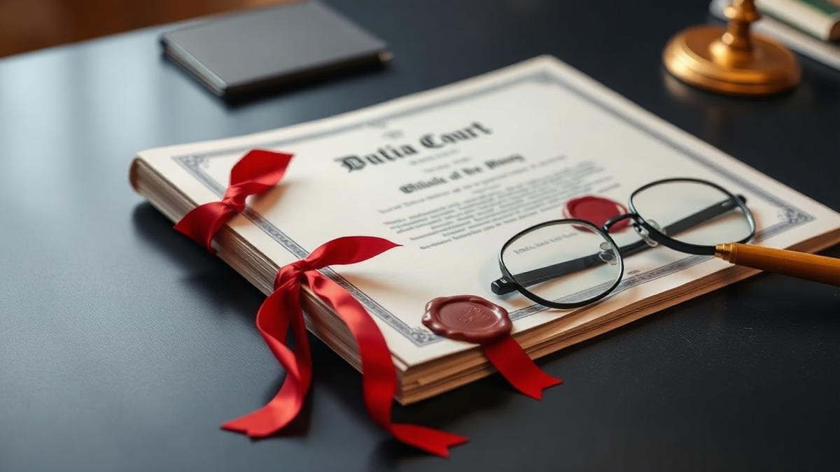 A ribbon-bound court certificate with a wax seal and spectacles on a navy desk — succession certificate in India for NRI heirs