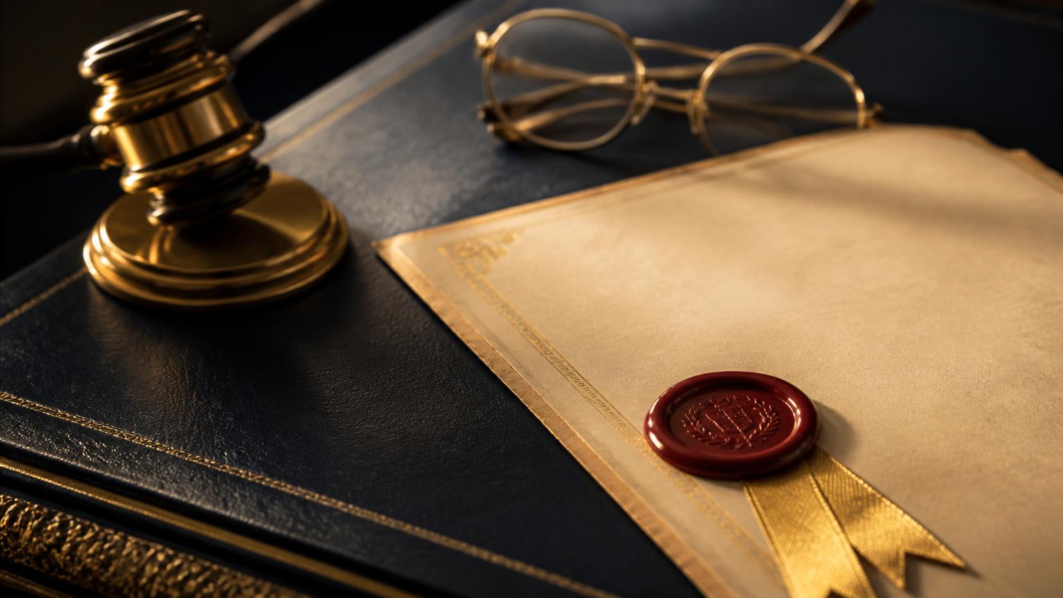 A sealed certificate with a wax seal and gold ribbon beside a gavel and spectacles on a navy desk, representing succession certificates for NRIs in India