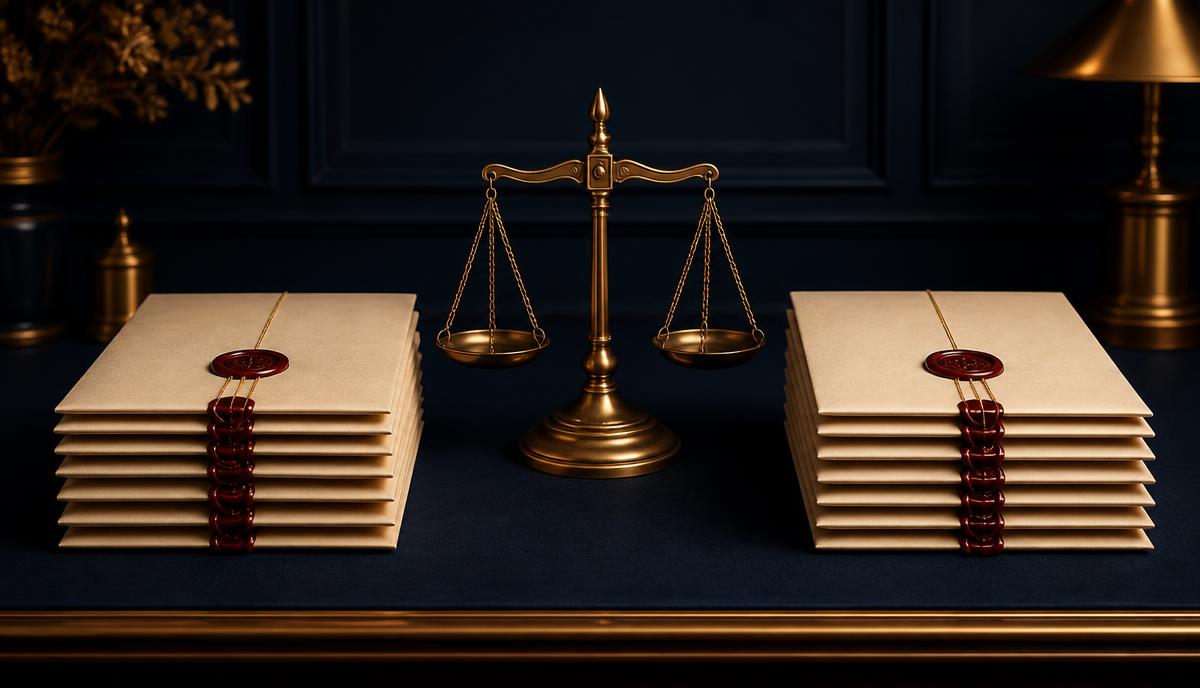 Two sealed document stacks either side of brass scales on navy — succession certificate compared with probate in India