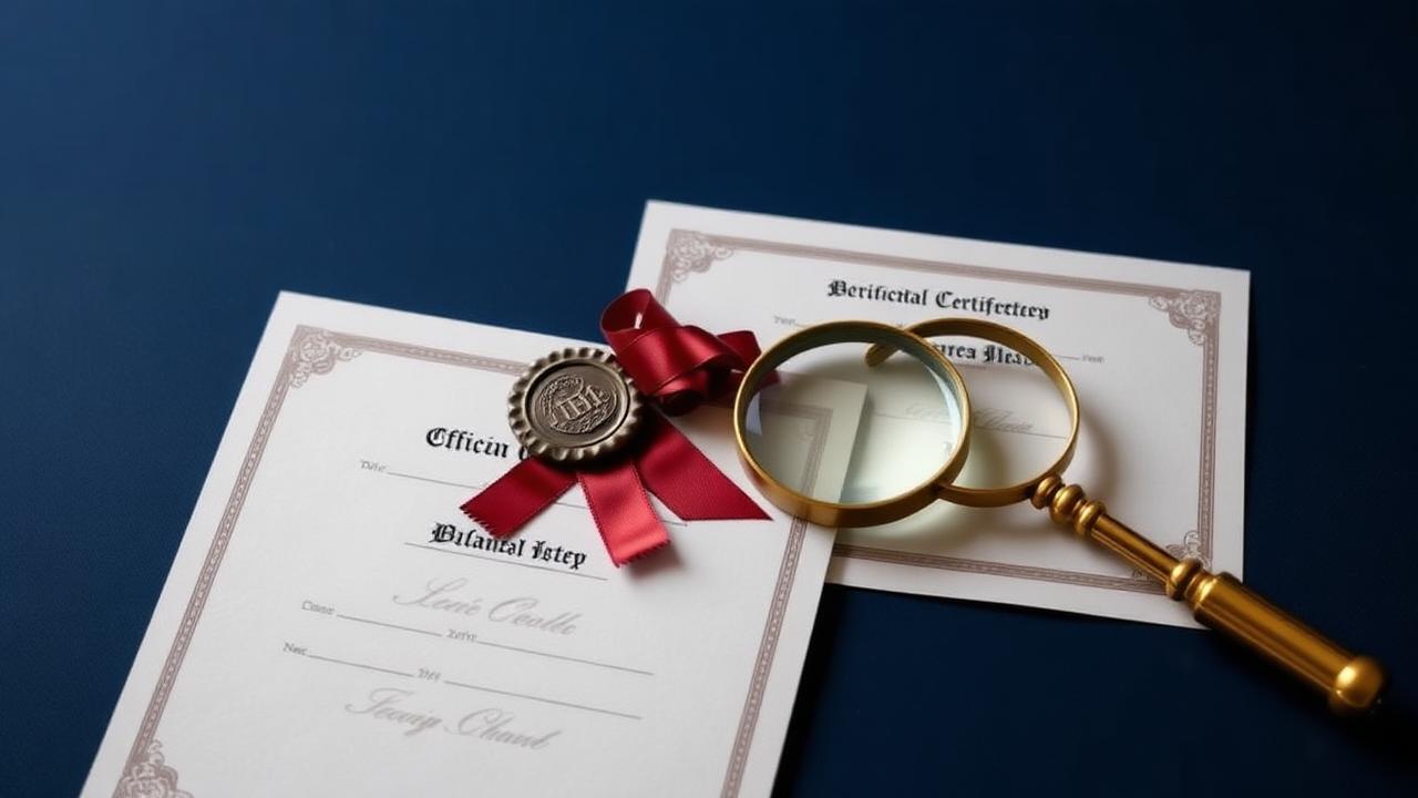 Two official certificates with a wax seal and a brass magnifier on a navy surface, representing succession certificates and legal heir certificates in India
